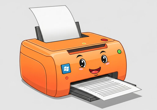 Cute orange printer cartoon character with paper