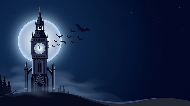 Clock tower against full moon at night with flying bats silhouette