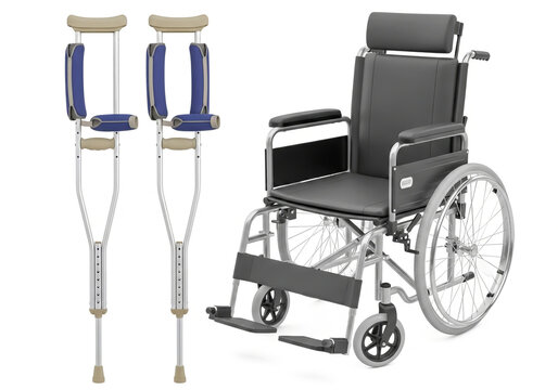 Medical wheelchair and a pair of crutches for disabled people