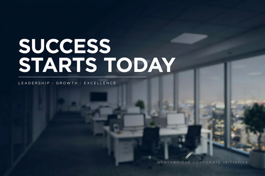 Success Starts Today typography overlay, modern corporate office with city view, leadership and growth concept, business excellence, clean workspace with computer desks