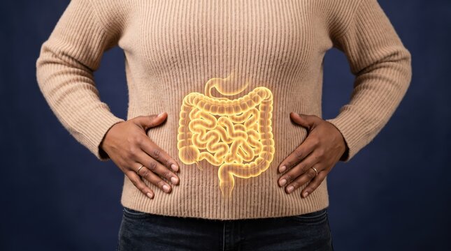 Woman holding stomach with glowing digestive system illustration overlay, representing gut health, intestinal pain, digestion issues, medical for biology, anatomy, wellness