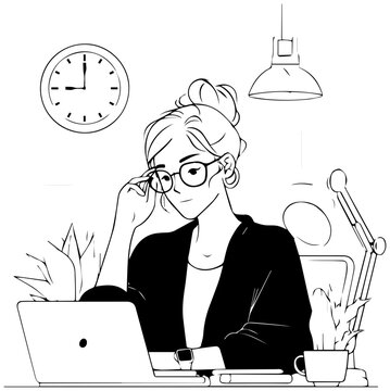 Woman implementing end of day shutdown routine at desk with woman sitting desk laptop tired while implementing laptop looking daily routine with hair bun
