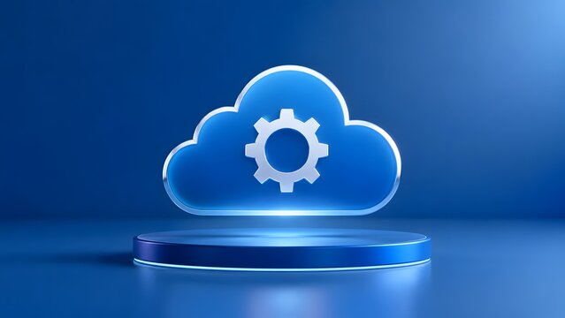 Glass Cloud Computing Icon With Gear Setting On Round Podium Stage