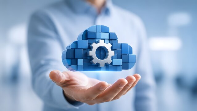 Businessman Holding Modular Block Cloud Computing Icon With Gear