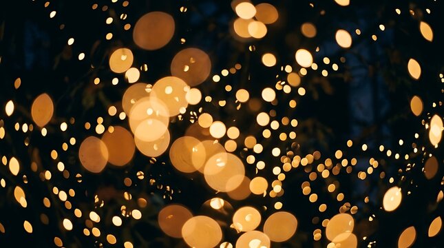 Abstract background of golden bokeh lights from blurred christmas tree decorations