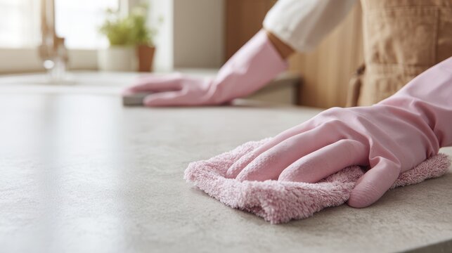 Person cleaning kitchen counter with pink gloves and cloth in bright home interior