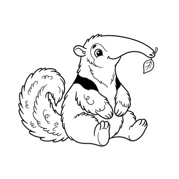 Cute cartoon anteater holding small leaf in playful gesture isolated on white