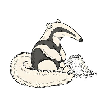 Cartoon anteater sitting beside scattered ants on white background illustration