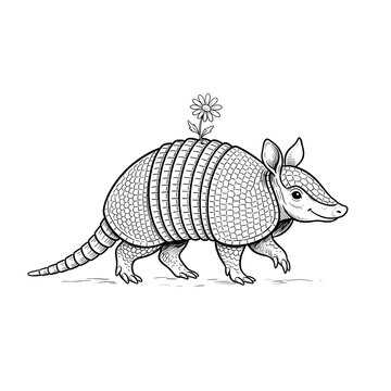 Hand-drawn armadillo carrying small wildflower in minimalist black and white illustration