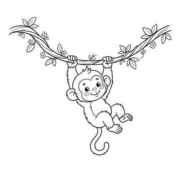 Cute cartoon baby monkey swinging playfully from leafy vine garland illustration