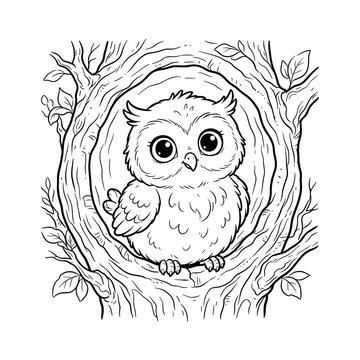Cute baby owl peeking from tree hollow in minimalist black and white sketch illustration