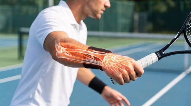 Glowing 3D anatomical overlay showing the radius, ulna, and carpal wrist bones of a male tennis player holding a racket on the court.