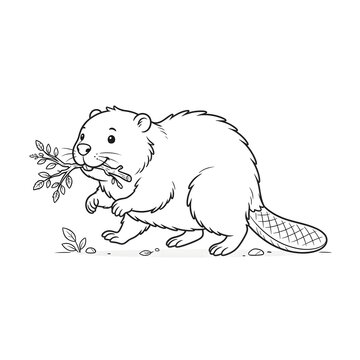 Cute cartoon beaver holding branch while walking on hind legs in playful line art style