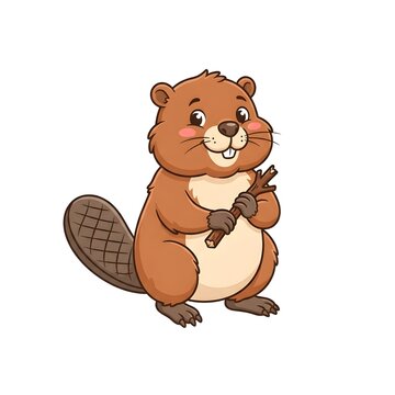 Cute cartoon beaver holding wooden stick with happy expression in flat design style