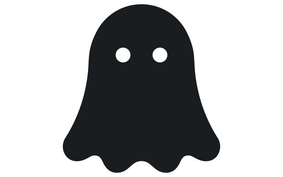 Minimalist vector ghost icon featuring a flat black silhouette shape with two round white eyes isolated on white background design