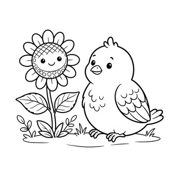 Hand-drawn yellow canary bird sitting beside smiling sunflower in cheerful spring illustration