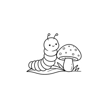 Cartoon caterpillar resting beside smiling mushroom in hand-drawn style illustration