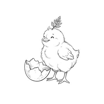 Newborn chick hatching beside cracked eggshells in minimalist monochrome illustration