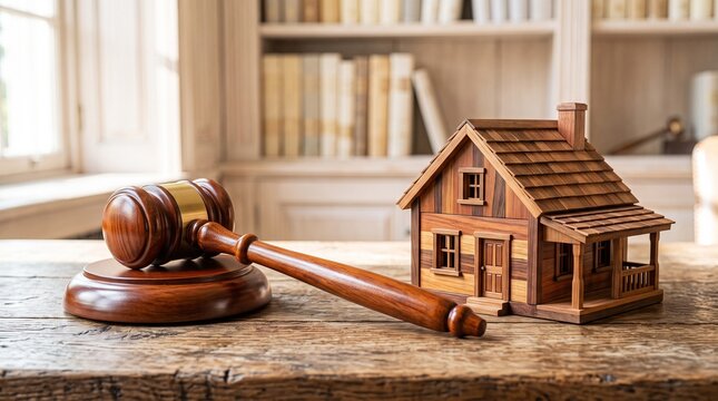 Wooden judge gavel and house model on desk, real estate auction and property law concept, legal foreclosure process