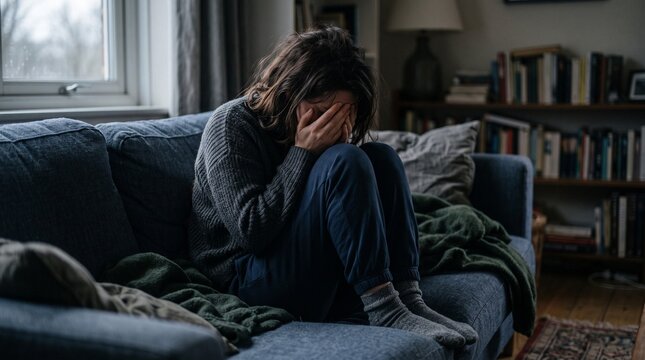 Depressed young woman crying on sofa covering face in sadness and anxiety
