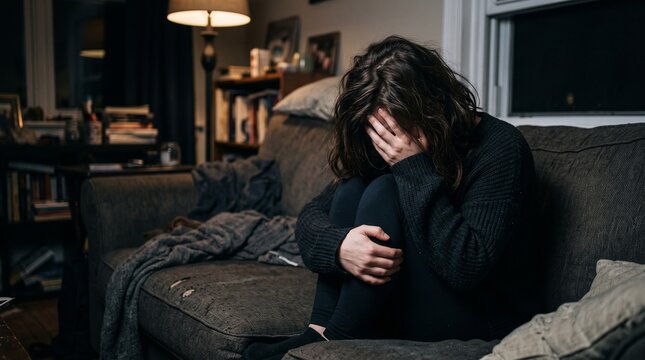 Depressed young woman crying on sofa covering face in sadness and anxiety