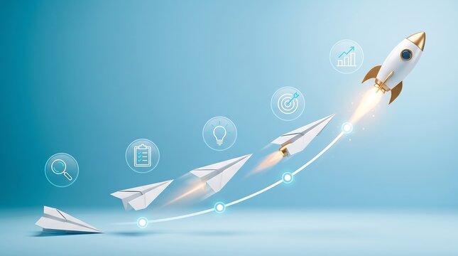 Business Startup Idea Evolution From Paper Airplanes To Rocket Launch Ascending Growth