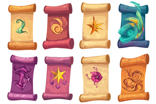 Collection of eight fantasy scrolls with unique magical symbols.