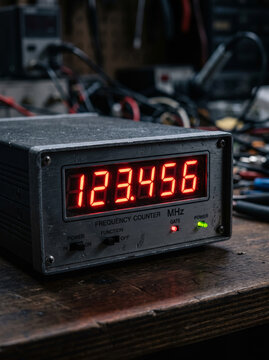Electronic frequency counter digital red LED meter display reading frequency value