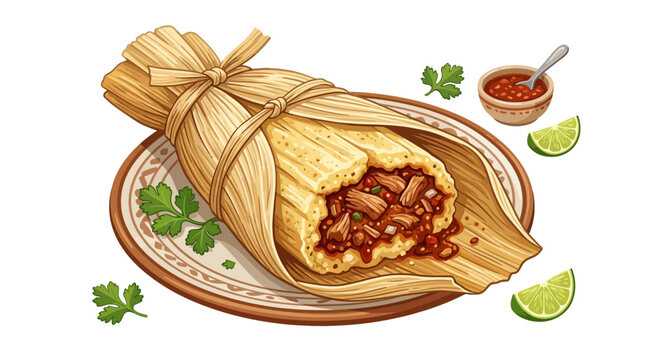 Traditional Mexican tamale served on a decorative plate with salsa and fresh lime wedges.