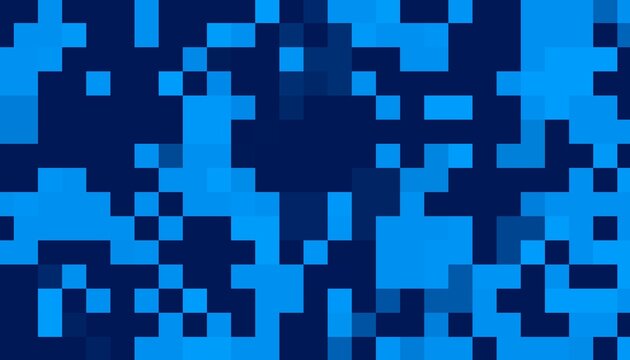 Abstract blue pixel mosaic with scattered geometric squares creating a modern digital technology background