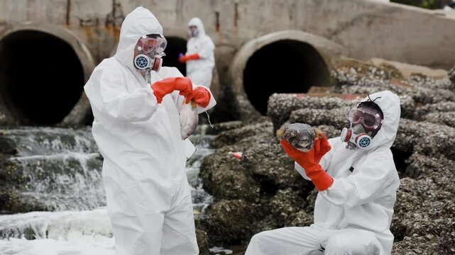 Scientists in hazmat suits collect water and sediment samples near a drainage outfall, investigating pollution and contamination along a rocky shoreline.