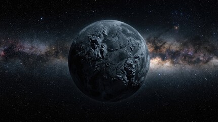 Fototapeta premium Barren rocky planet floating in dark galactic graveyard of dead worlds, showing cracked stone surface, positioned against deep space stellar background filled with bright stars.
