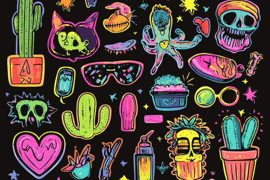 Vibrant neon doodle stickers with skulls and cacti.