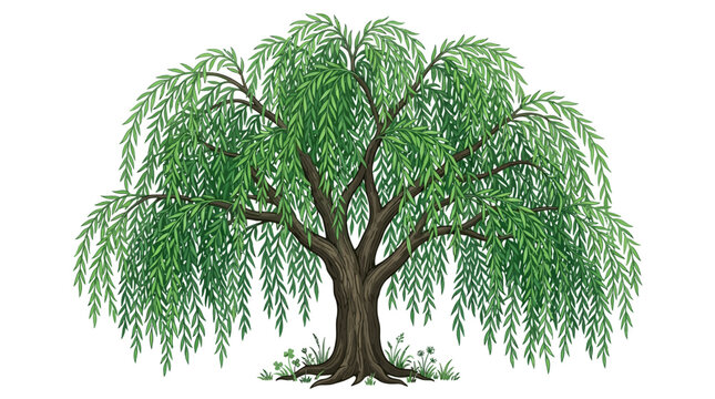 A beautiful illustration of a weeping willow tree with long hanging branches and green leaves isolated on white background.