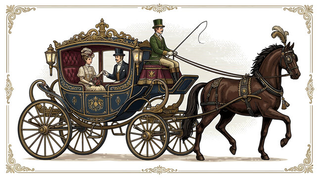 Vintage illustration of a Victorian horse-drawn carriage with a couple traveling in style.
