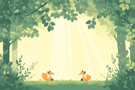 Two foxes in a sunlit forest