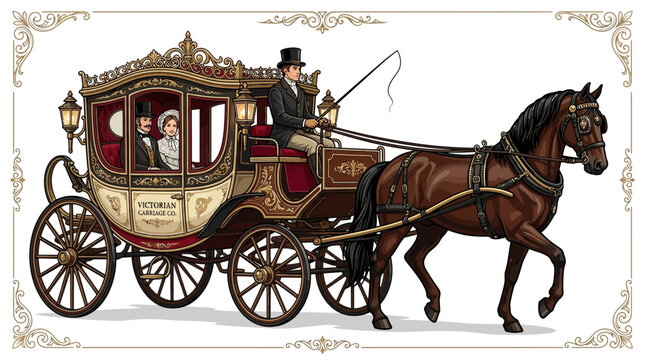 Vintage Victorian horse drawn carriage with a driver and passengers in historical clothing.