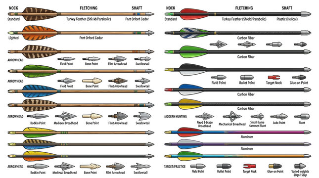 Educational chart showing various types of archery arrows fletching and arrowheads.