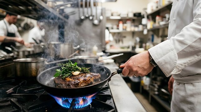 Chef preparing steak in a busy restaurant kitchen with restaurant, professional