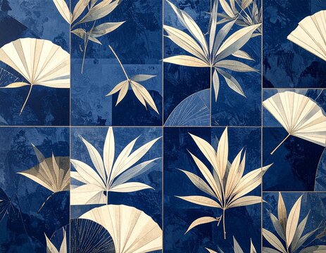 Indigo Japanese Hemp Leaf Pattern on Washi Paper