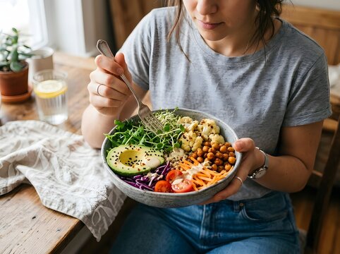 Woman eating healthy vegetarian buddha bowl with avocado and chickpeas, interior