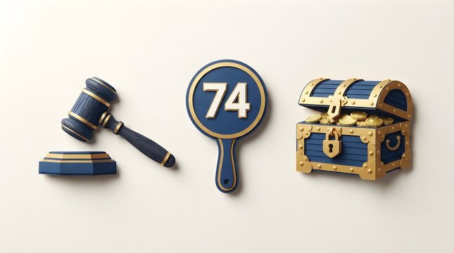 Minimal 3D auction icon scene with judge gavel, bid paddle number seventy four, treasure chest lot, soft shadows, white background, marketplace sale objects, and premium bidding concept for auction ho