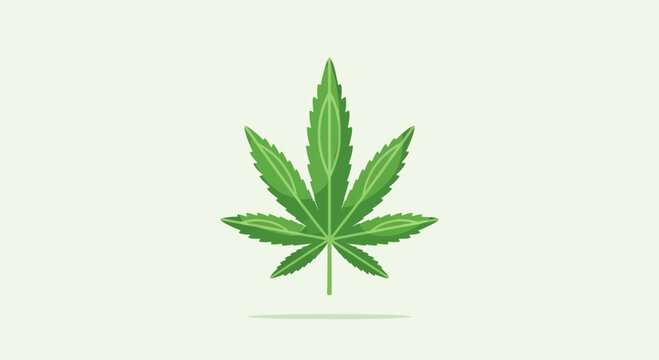 Minimalist flat vector illustration of a green cannabis leaf on light background.