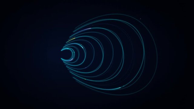 Glowing blue circular light trails converge in a hypnotic motion video clip featuring vibrant neon energy patterns on dark backgrounds