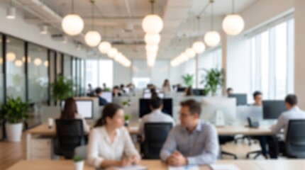 Fototapeta premium Blurred view of professional colleagues working and collaborating at desks in bright modern open plan office with large windows and plants during busy business day for corporate concepts