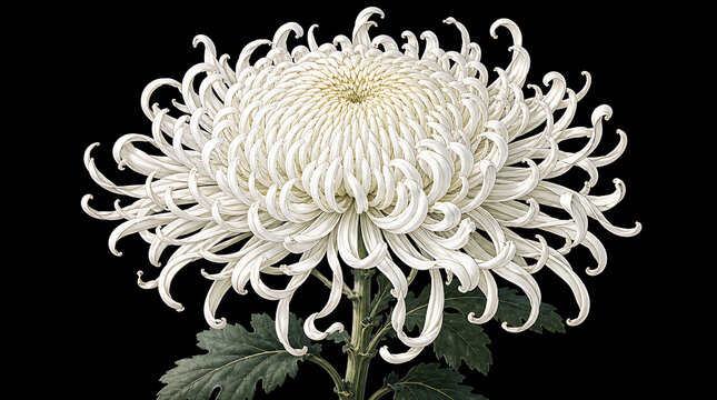 White spider chrysanthemum flower with curled petals and green leaves isolated on black