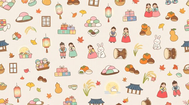 Cute Chuseok Autumn Traditional Elements Pattern Background