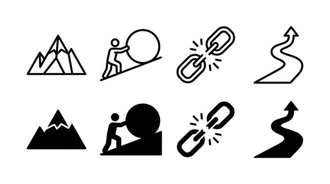 Vector icon set depicting challenges perseverance path to success with mountains sisyphus broken chain, mountain
