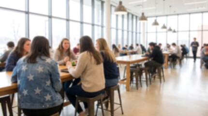 Obraz premium Group of young students sitting at wooden tables in a modern school cafeteria with large windows and high ceilings creating a bright and airy environment for student social interaction