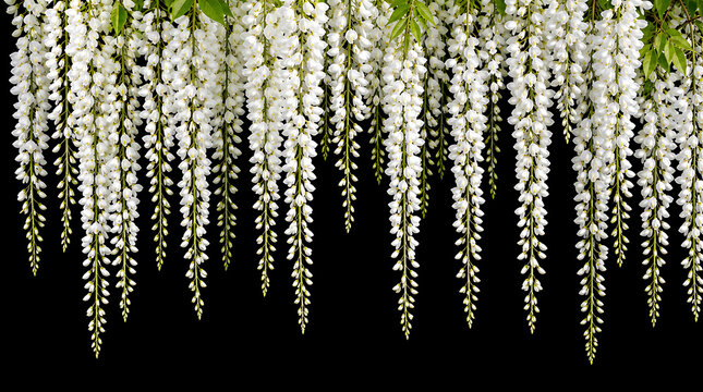 Elegant clusters of white wisteria blossoms hanging with green foliage against deep black